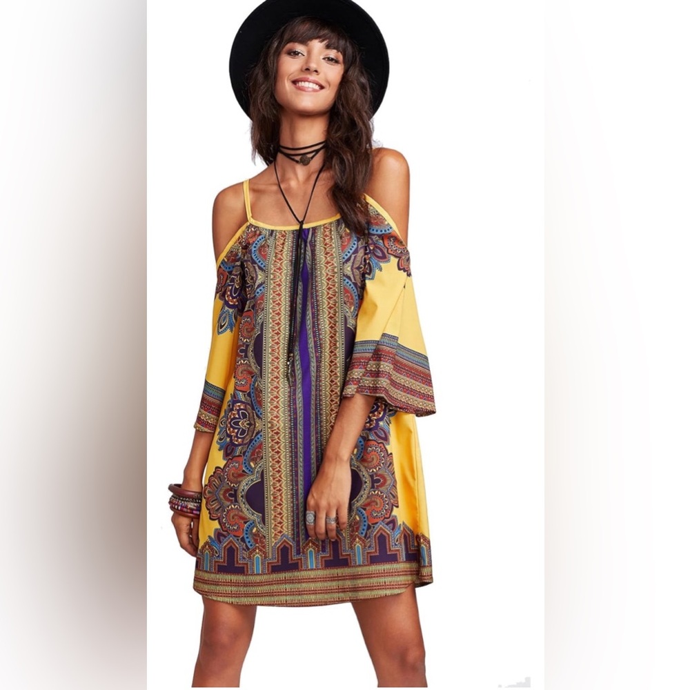 Boho Cold-Shoulder Yellow Printed Mini Dress